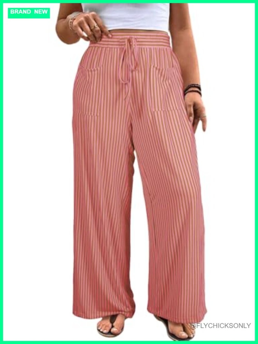 Plus Size Wide Leg Palazzo Pants with Pockets Elastic High Waist Striped Casual
